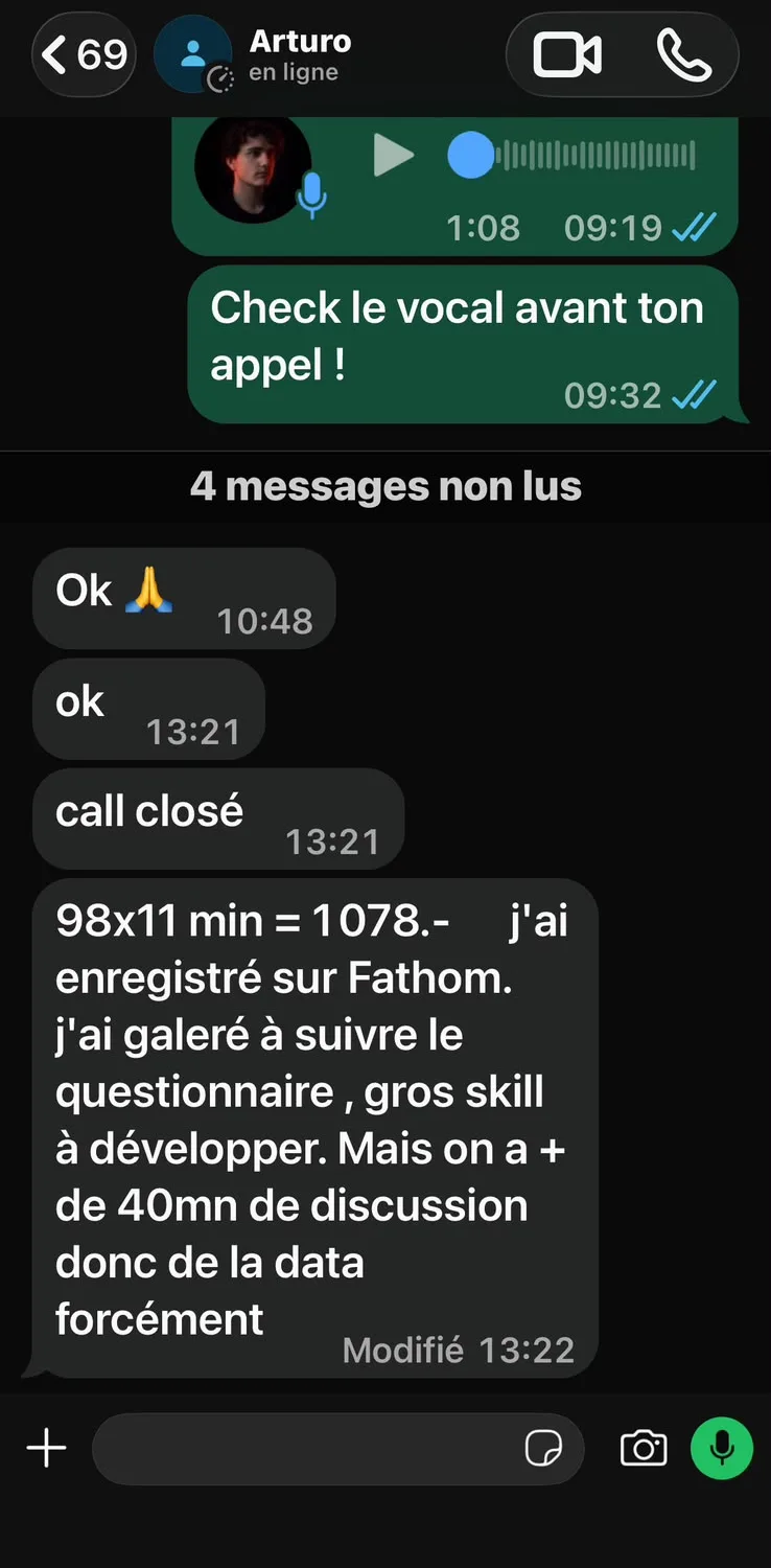 Capture WhatsApp d’Arturo : « call closé » ; « 98x11 min = 1078.- »